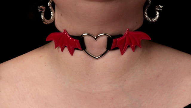 Close-up of Leather Choker with Red Bat Wings showcasing intricate bat wing design and gothic details
