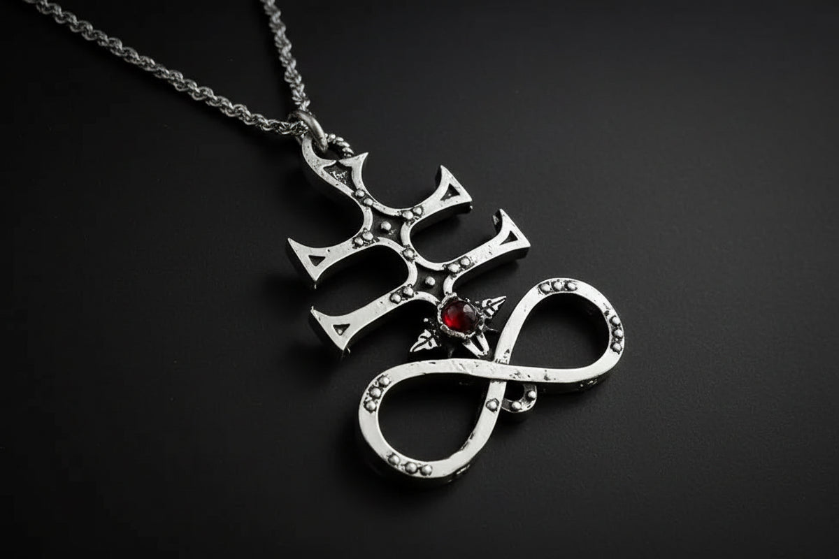 Silver pendant sulfur cross with a red gemstone on a dark background