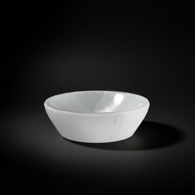 Large white satin spar gypsum bowl
