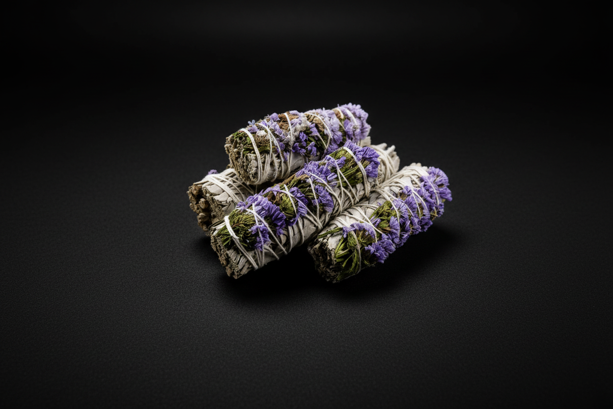 Lilac and sage wrapped in a bunch on a black background.