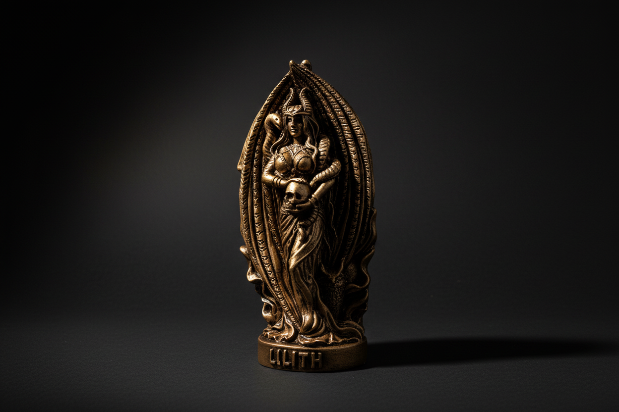 Bronze statue of a deity on a black background