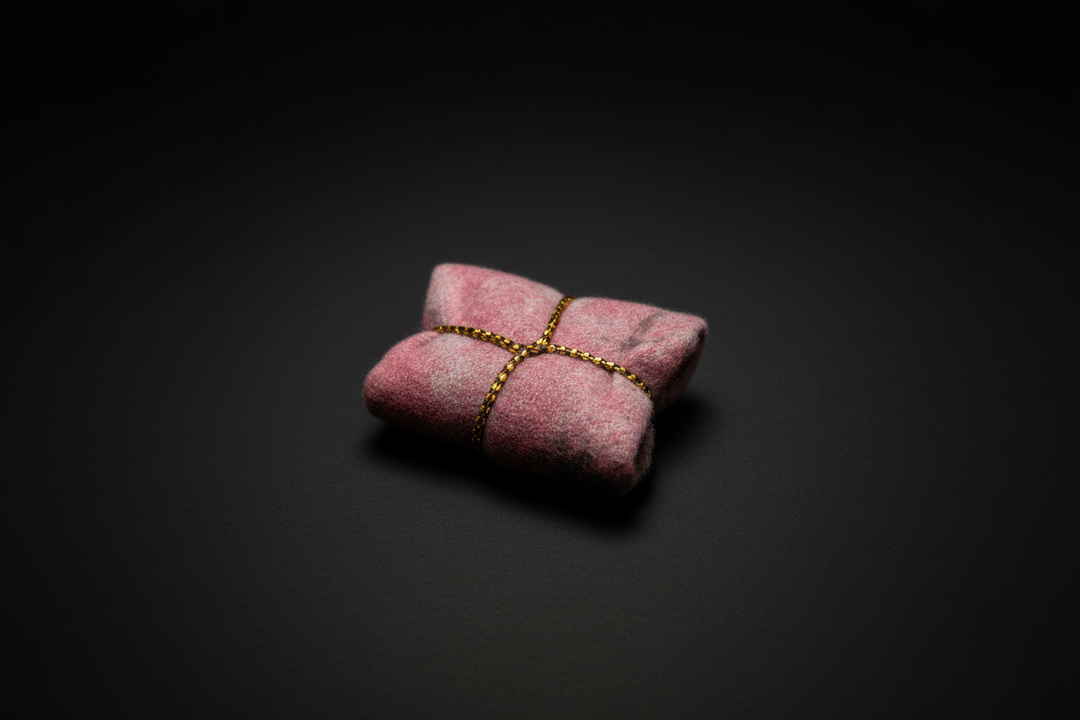 Lilith-inspired talisman wrapped in pink fabric and gold thread on a white background