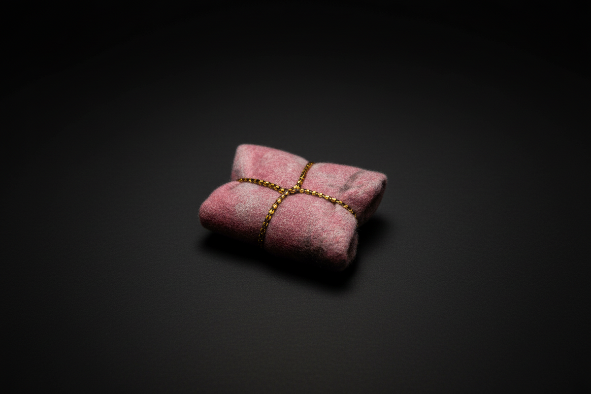 Lilith-inspired talisman wrapped in pink fabric and gold thread on a white background