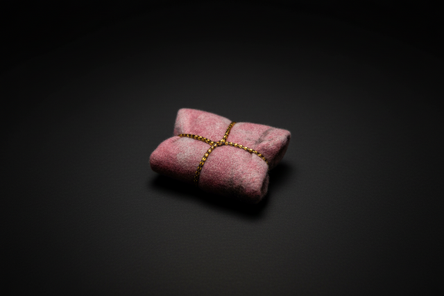 Lilith-inspired talisman wrapped in pink fabric and gold thread on a white background