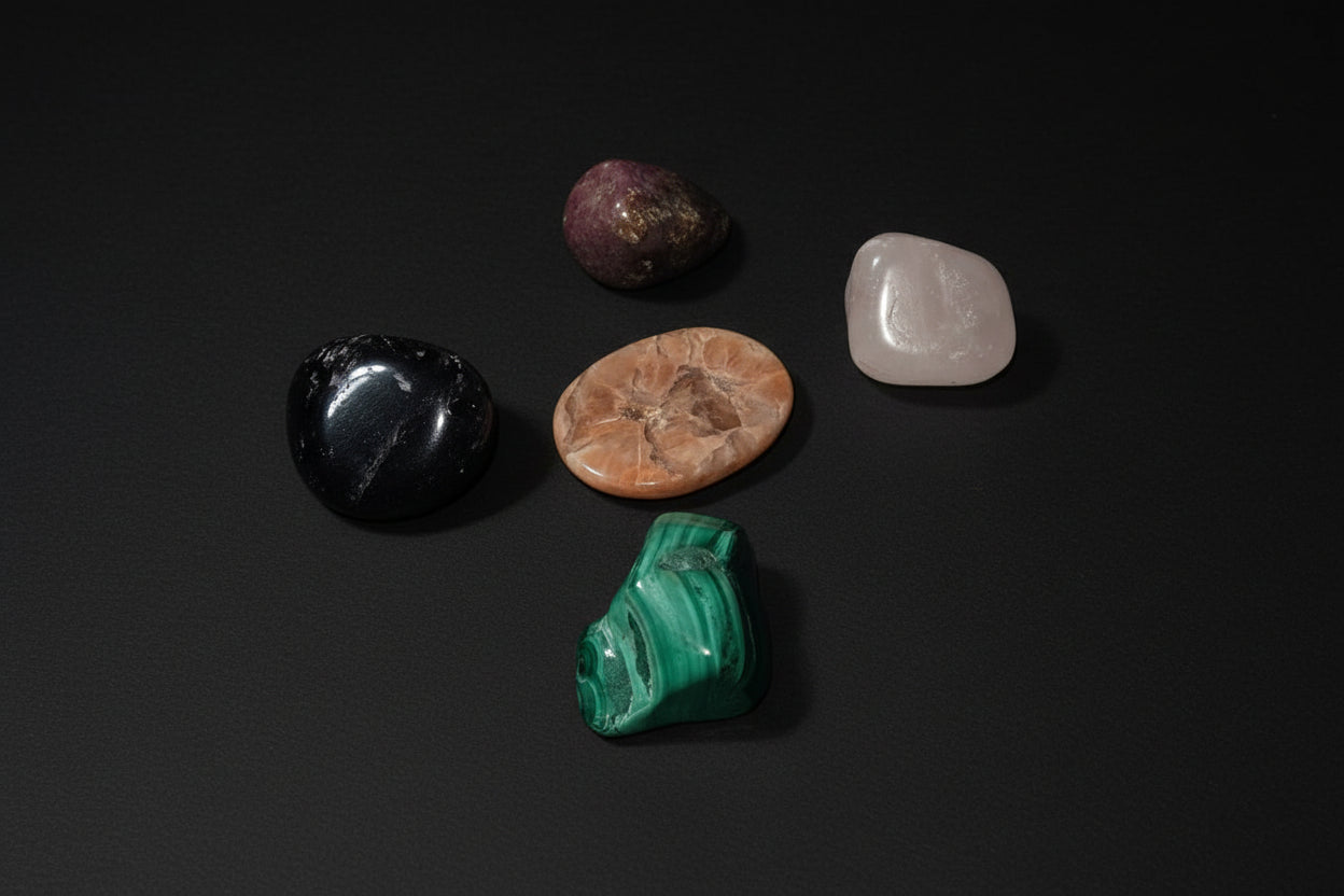 Five different colored stones on a white sheet of paper with a wooden surface underneath.