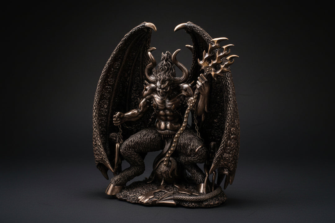 Lucifer statue with winged figure and detailed sculpted base