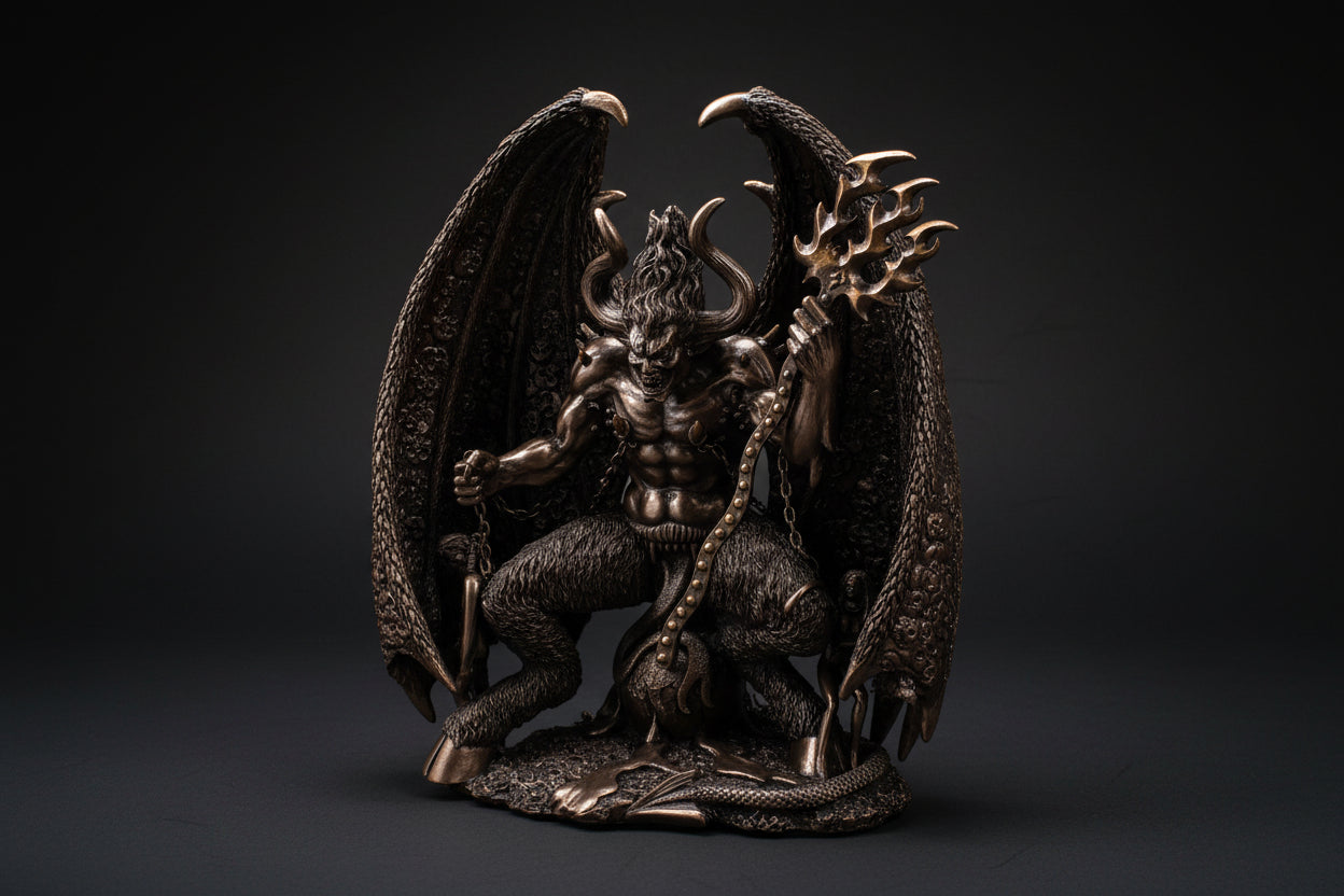 Lucifer statue with winged figure and detailed sculpted base