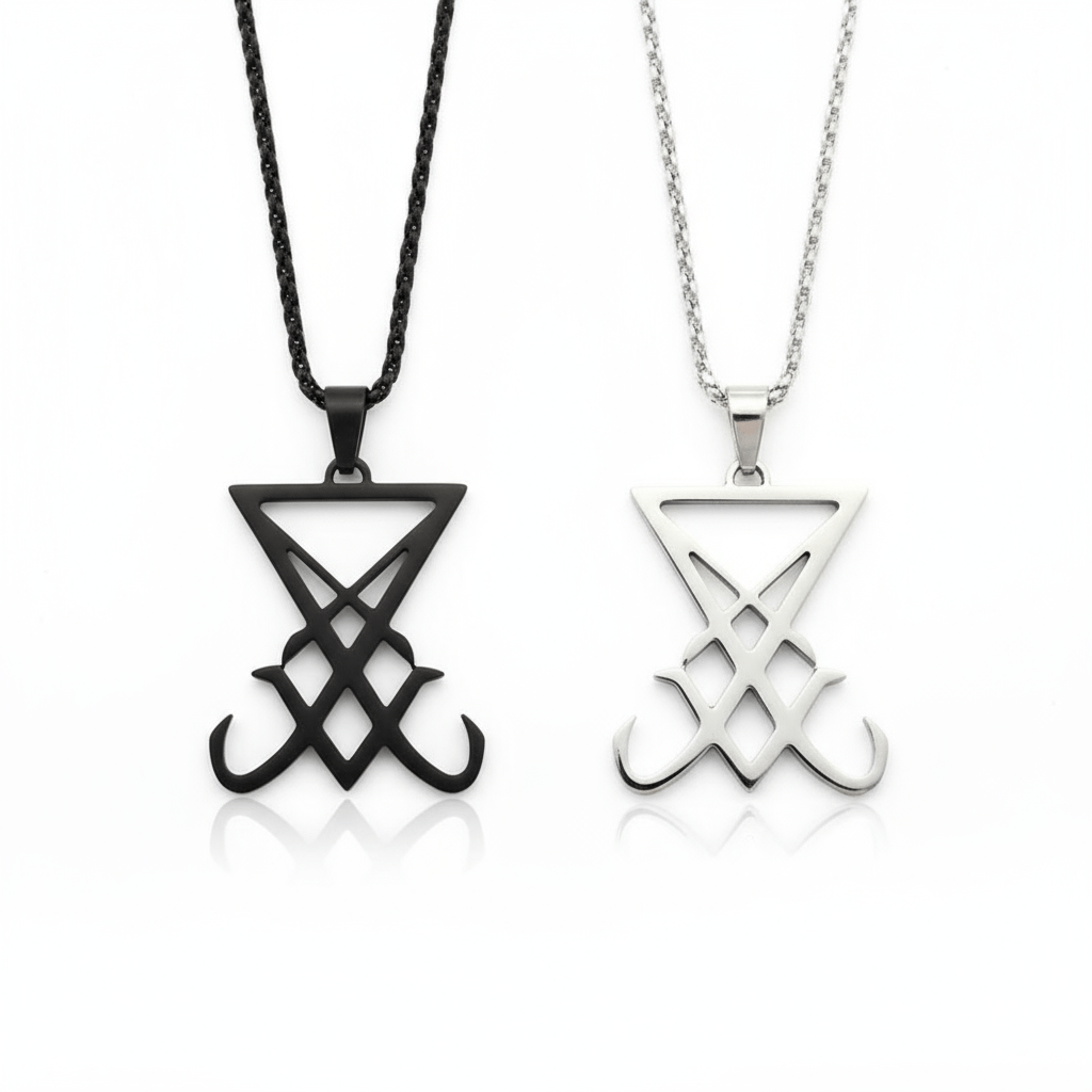 Two necklaces with geometric designs on a white background