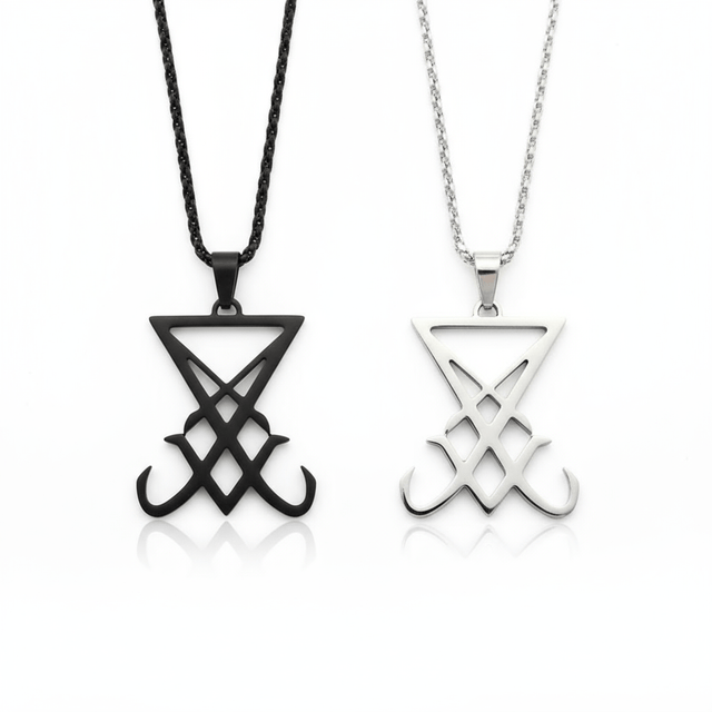 Two necklaces with geometric designs on a white background