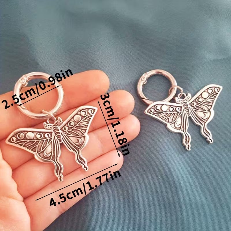 Silver-tone lunar moth boot charms shown with approximate moth and ring dimensions