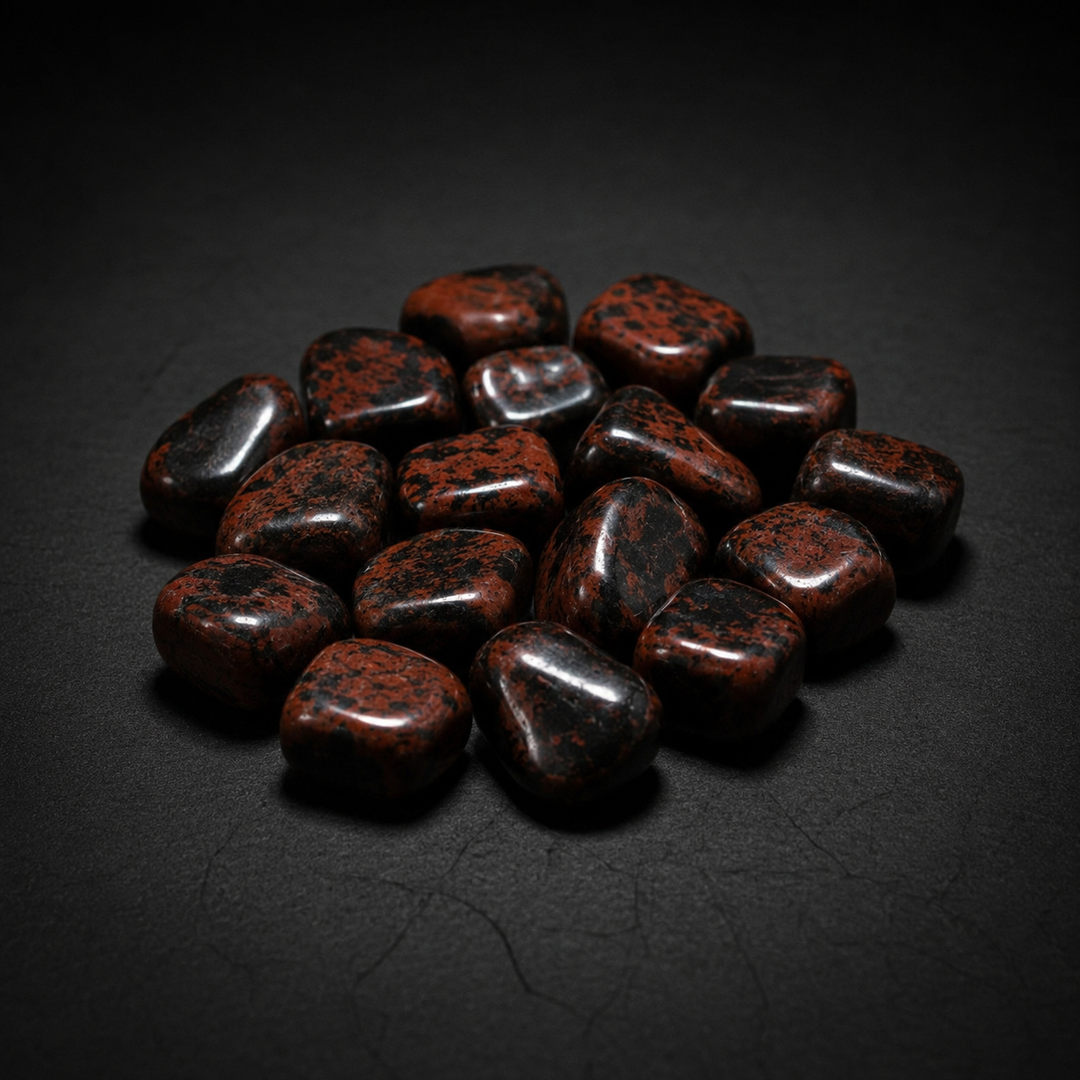 Polished black and reddish-brown Mahogany Obsidian tumbled stones arranged on a matte black surface