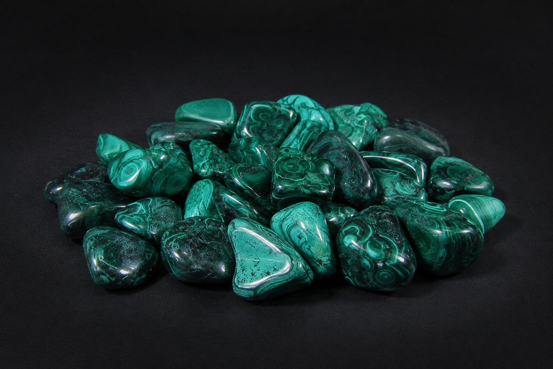 Pile of polished green Malachite tumbled stones with banded and concentric patterns on black