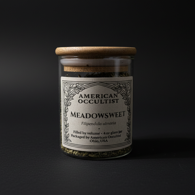 Dried cut-and-sifted meadowsweet herb (Filipendula ulmaria) in a labeled glass ritual herb jar