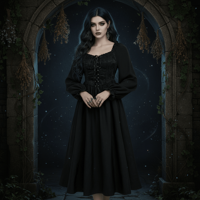 Woman in a black dress standing in front of an archway with a dark, starry background