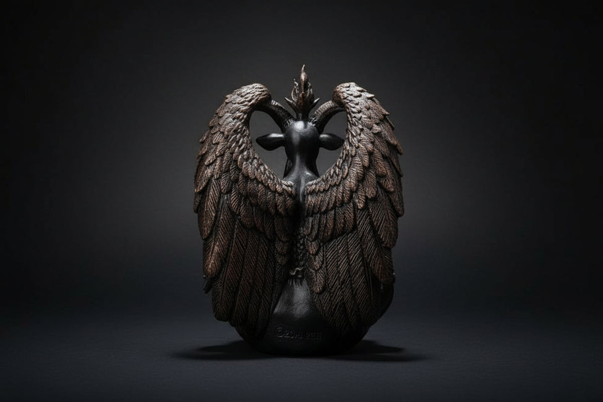 Bronze angel figurine with detailed wings on a white background