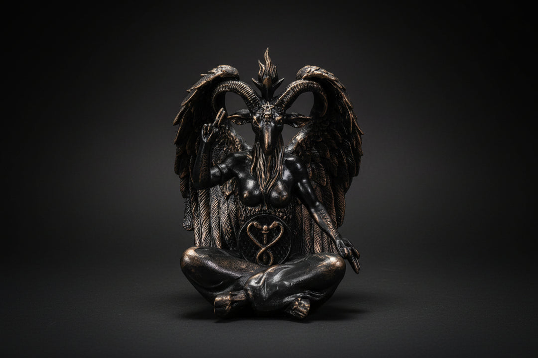 Bronze statue of a winged creature with a heart symbol on a white background