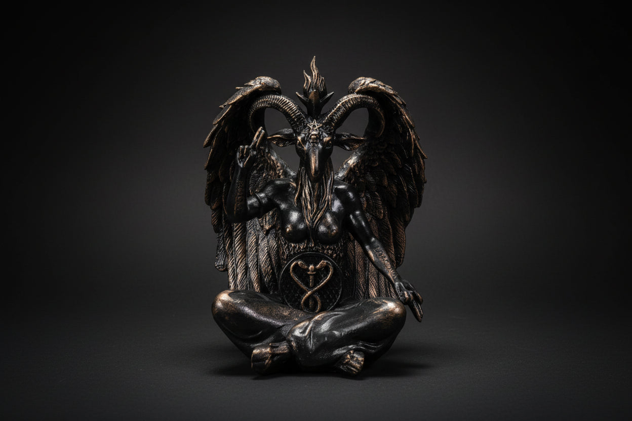 Bronze statue of a winged creature with a heart symbol on a white background