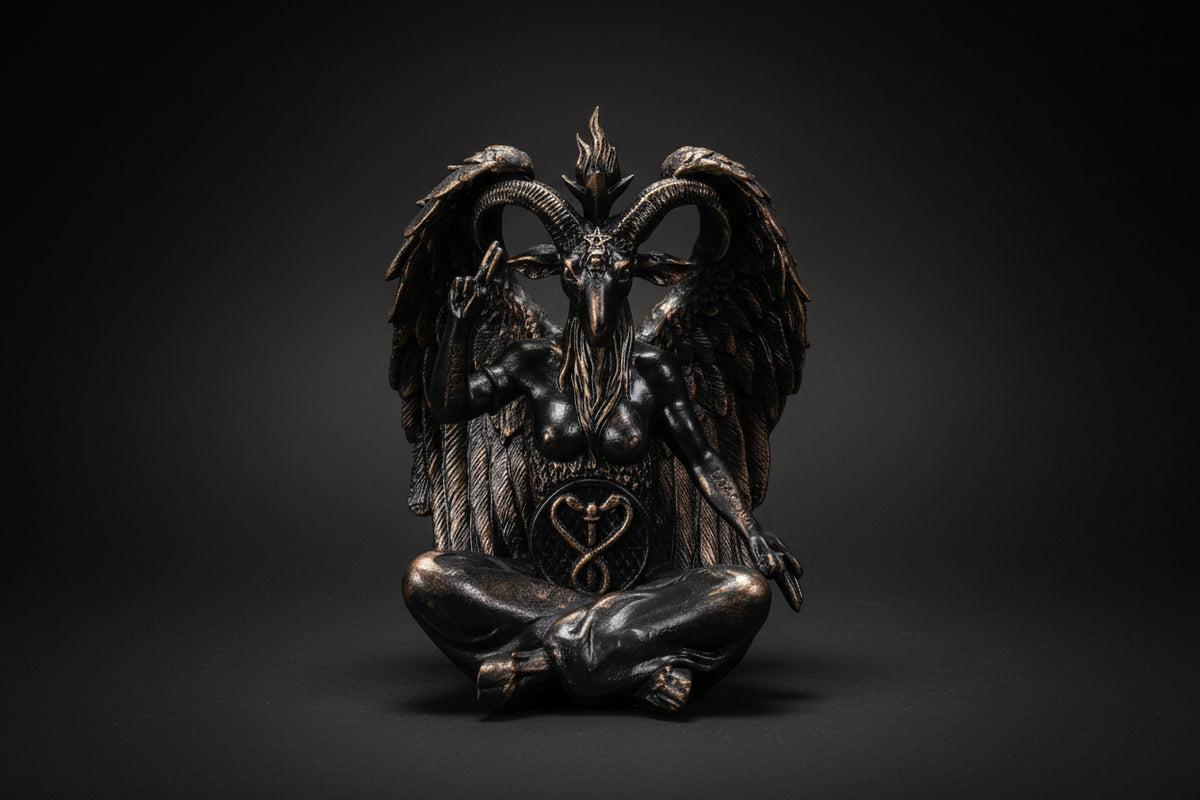 Bronze statue of a winged creature with a heart symbol on a white background