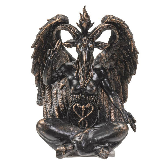 Bronze statue of a winged creature with a heart symbol on a white background