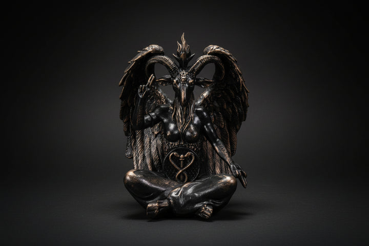 Bronze statue of a winged creature with a heart symbol on a white background