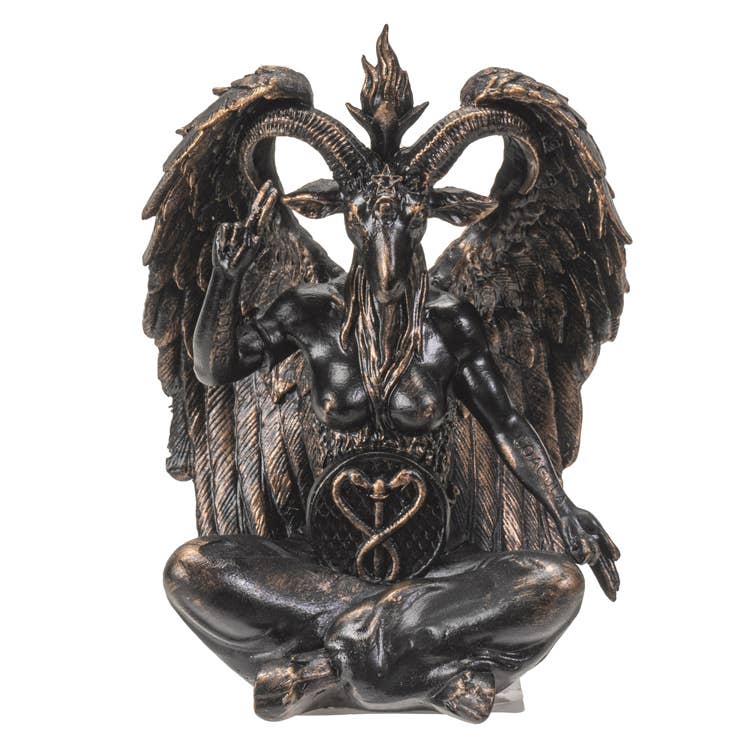 Bronze statue of a winged creature with a heart symbol on a white background