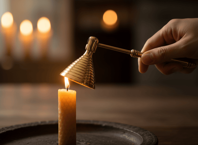 Hand using a gold candle snuffer to extinguish a candle with blurred candles in the background
