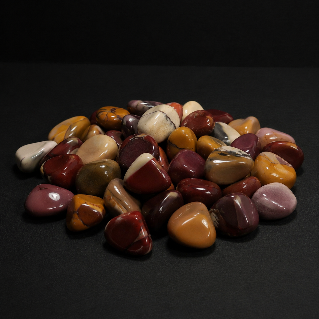 Assortment of polished red, burgundy, mustard, cream, and mauve Mookaite stones on black