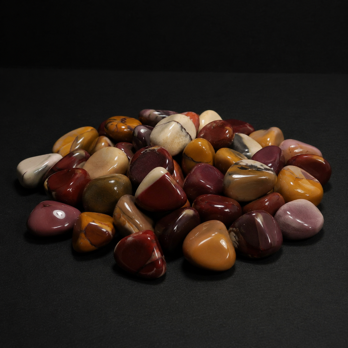 Assortment of polished red, burgundy, mustard, cream, and mauve Mookaite stones on black
