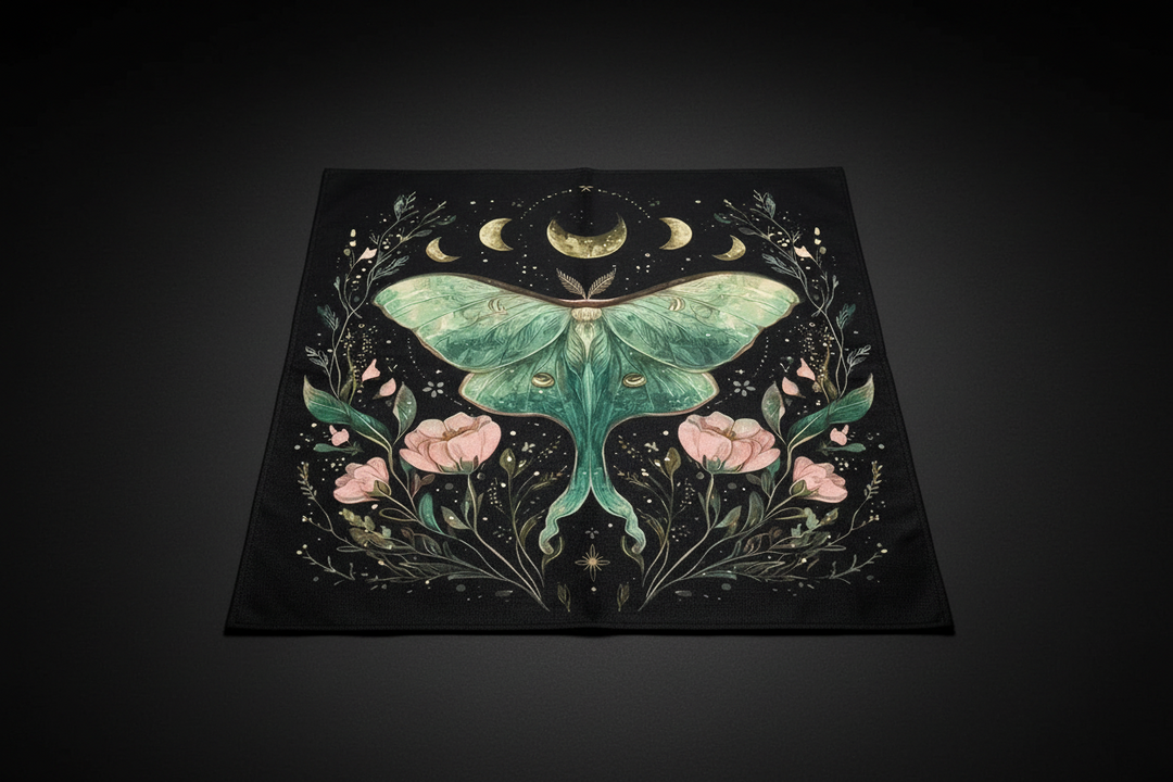 Moonbloom Luna moth altar cloth with lunar botanical design