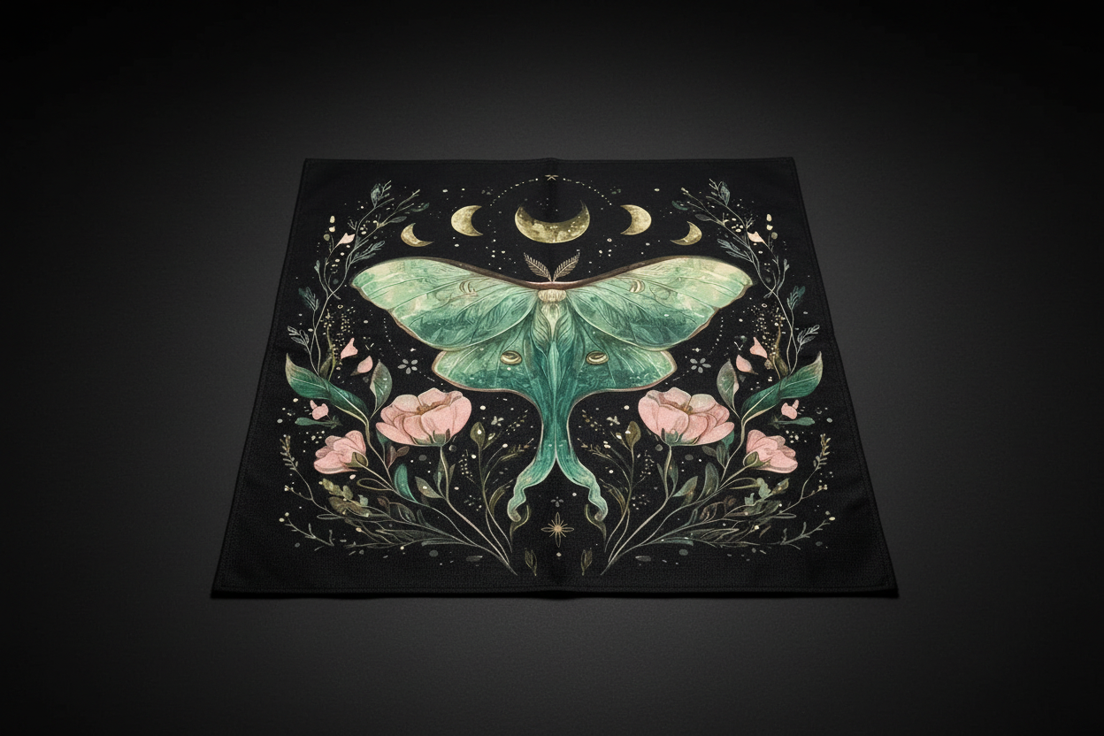 Moonbloom Luna moth altar cloth with lunar botanical design