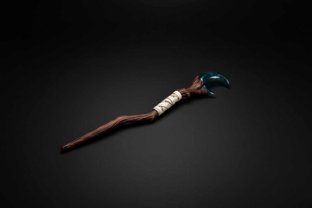 Wooden staff with a blue handle on a black background