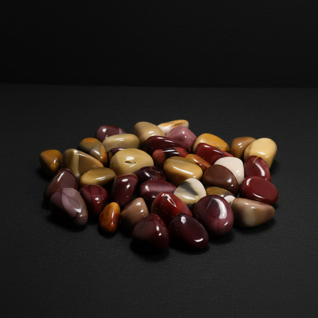 Assortment of polished Mookaite stones with red, yellow, cream, and brown patterning