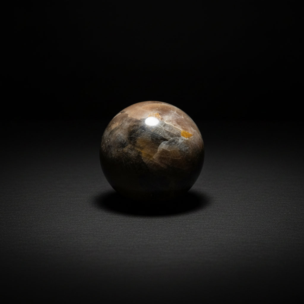 Polished dark Moonstone sphere with brown, gray, and yellow-orange patterning