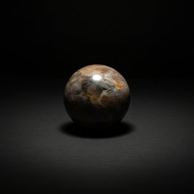 Polished dark Moonstone sphere with brown, gray, and yellow-orange patterning