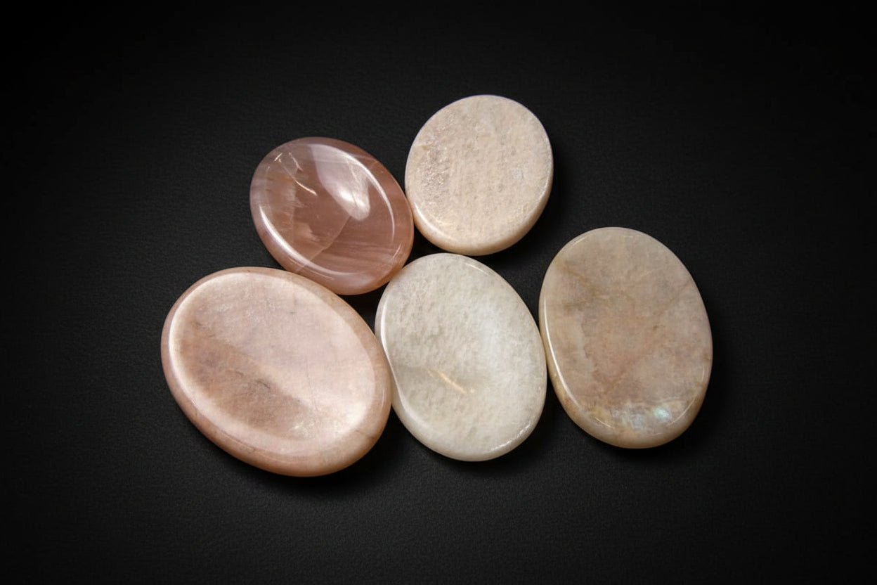 Representative assortment of polished worry stones sold as Moonstone; feldspar species, treatment, pale color, inclusions, shape, dimensions, polish, and selected stone vary