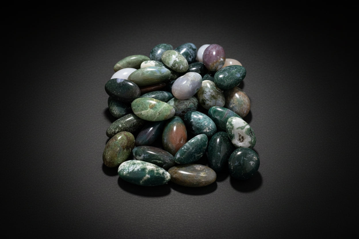 Representative polished Moss Agate stones with moss-like mineral inclusions; pattern, translucency, shape, and size vary
