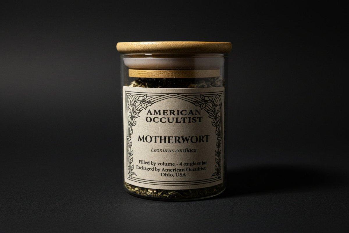 Dried cut-and-sifted motherwort herb (Leonurus cardiaca) in a labeled glass ritual herb jar