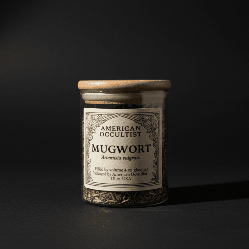 Glass jar of dried mugwort Artemisia vulgaris with bamboo lid on a black background