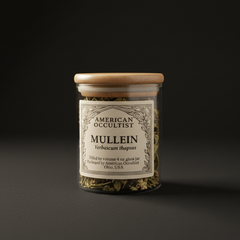 Dried cut-and-sifted mullein leaf (Verbascum thapsus) in a labeled glass ritual herb jar