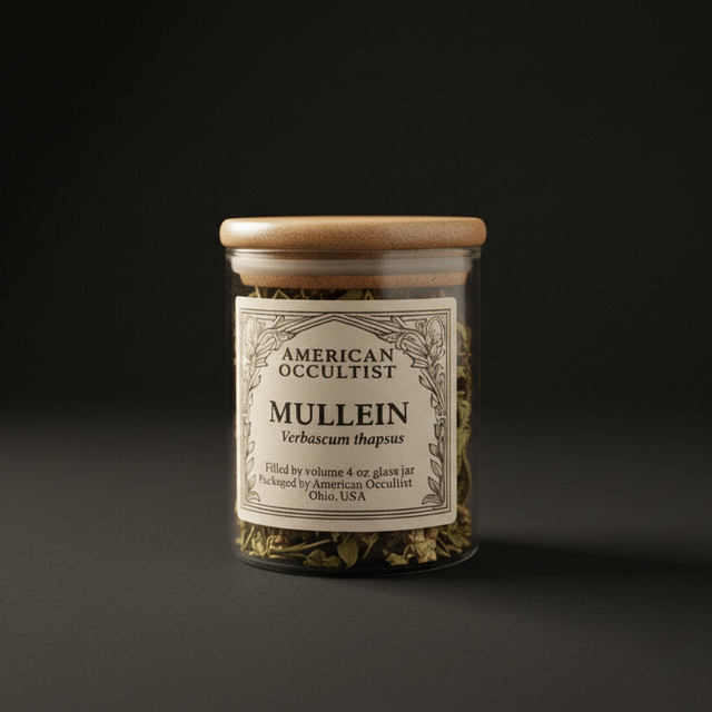 Dried cut-and-sifted mullein leaf (Verbascum thapsus) in a labeled glass ritual herb jar