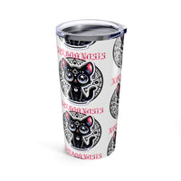 white tumbler 20 ounce with a black cat on it