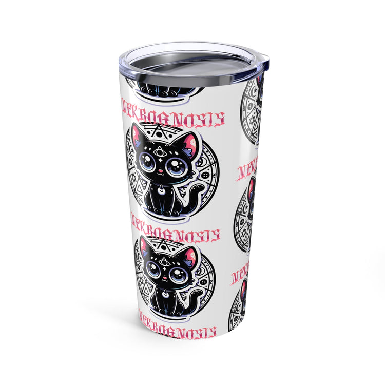 white tumbler 20 ounce with a black cat on it