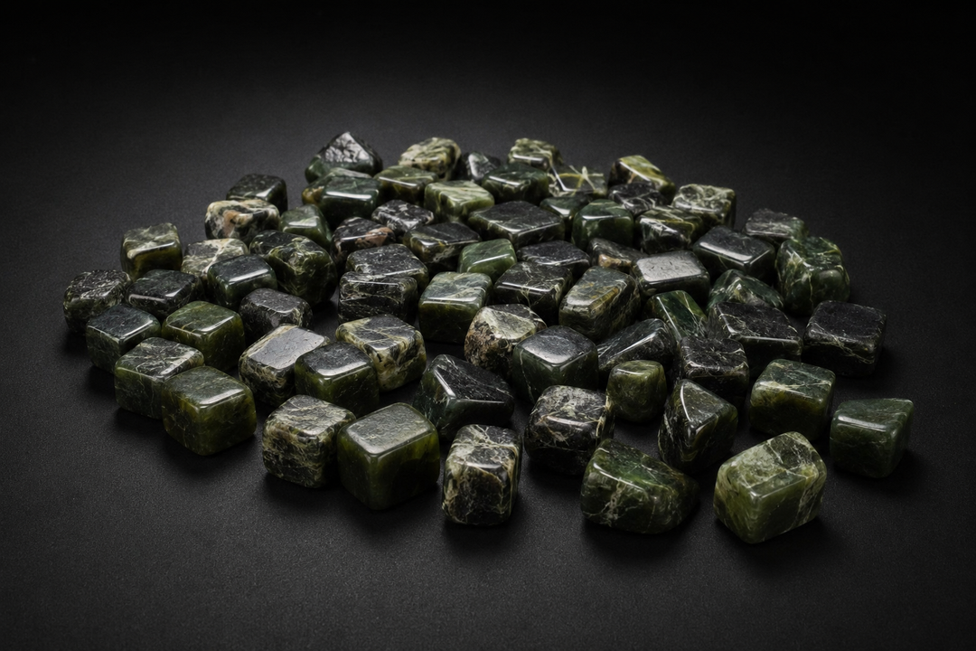Assortment of small blocky dark green Nephrite Jade tumbled stones with pale mottling on black