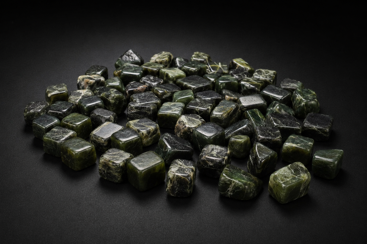 Assortment of small blocky dark green Nephrite Jade tumbled stones with pale mottling on black