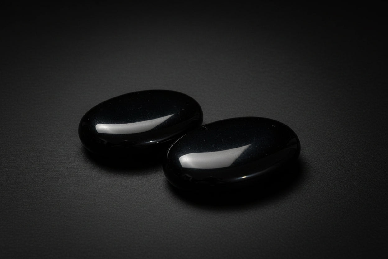 Two polished black obsidian palm stones held in a hand