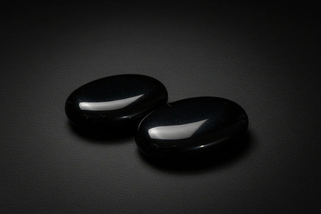 Two polished black obsidian palm stones held in a hand