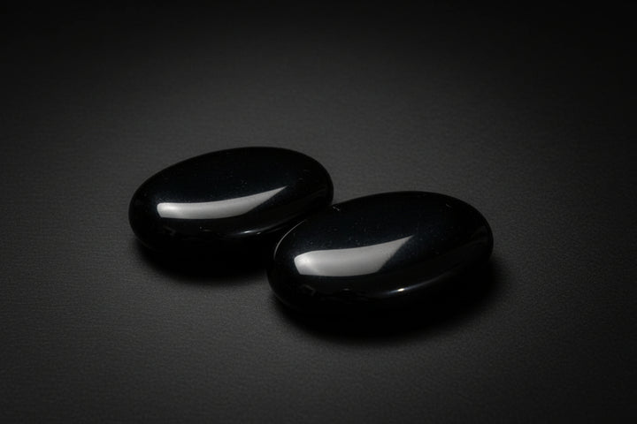 Two polished black obsidian palm stones held in a hand