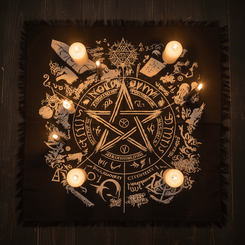 Black cloth with white symbols and designs, illuminated by candles on a dark background