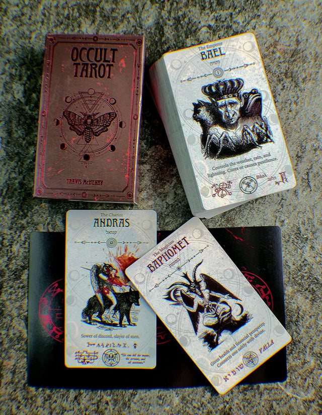A 78-card Occult Tarot Deck displayed with the packaging and several cards visible, featuring mystical and symbolic imagery.