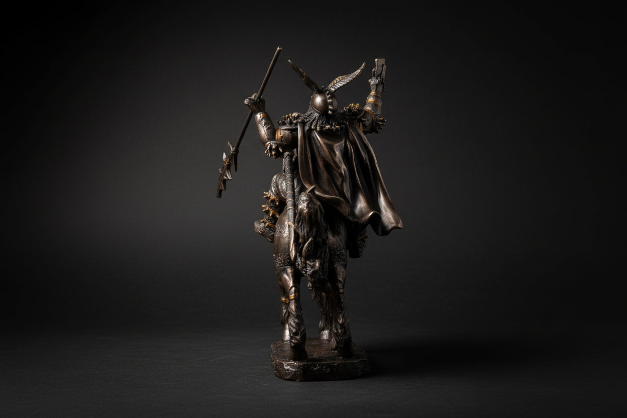 Bronze statue of a warrior on horseback with a white background